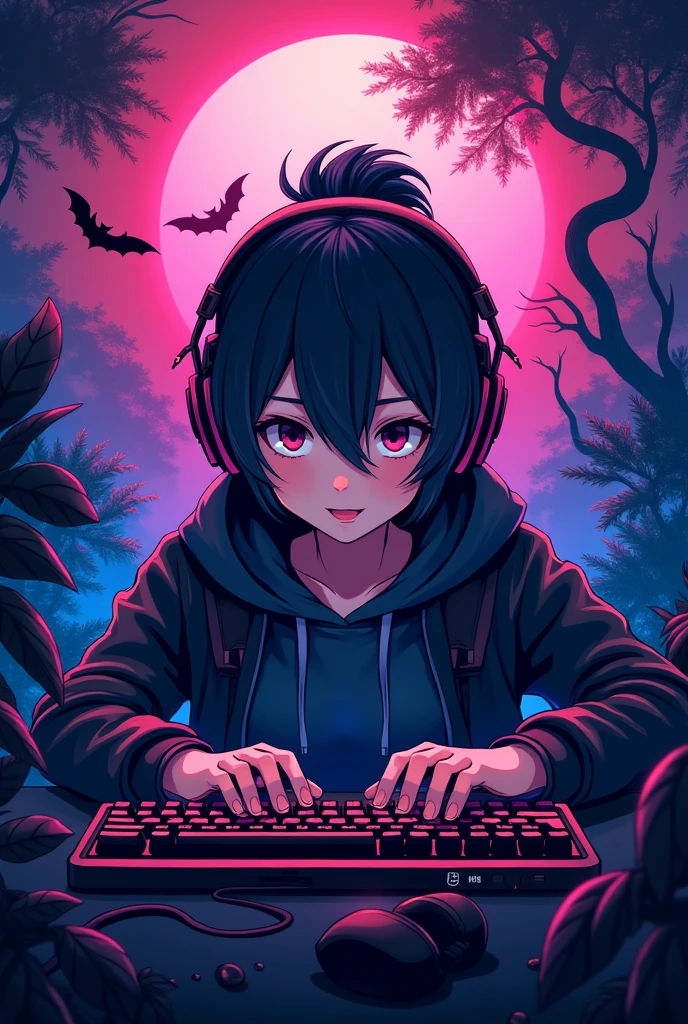 Make a gaming logo, a anime character playing the game in his PC with headphones and asthetic look with background rgb lights in gungle tigers and snakes and bats