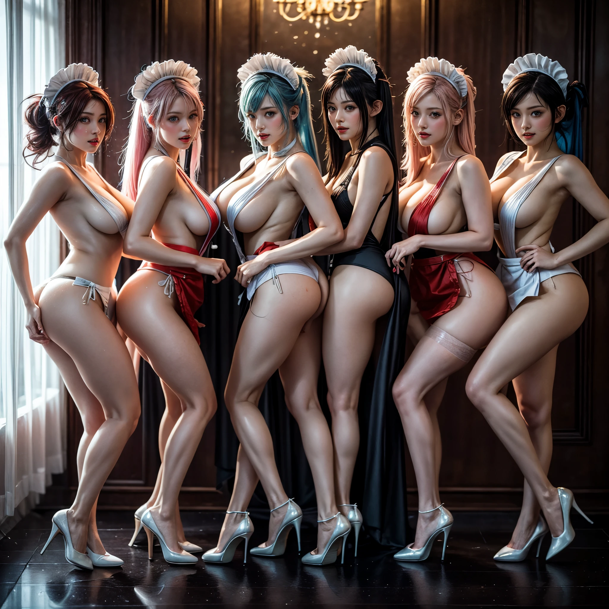 (Full Body of Extremely Detailed((Sexy Maid Group in a row:1.37))), KAWAII perfect face, Reflective Eyes, Detailed(Delicate Clothing textures), Correct Attractive Leg Line, Dynamic Joyful Expressions LifeLike Rendering, Specular Reflection, TopQuality 8K Ultra-detailed masterpiece (ProfessionalPhoto:1.37), (Acutance:0.8), (Luminism:1.28), (Art Nouveau style), Colorful Light particles, ((Full body from side)), {Kissing|Thigh Gap|Cute Peach AssFocus|(NakedApron with Overflowing SideBoob)}, Radiant Fine Skin with Transparency, (Exposed:0.4), {Pink Hair|LightBlue Hair|Pure White Hair|Blonde|Liquid Hair|Red HighHeels}, Perfect Lighting