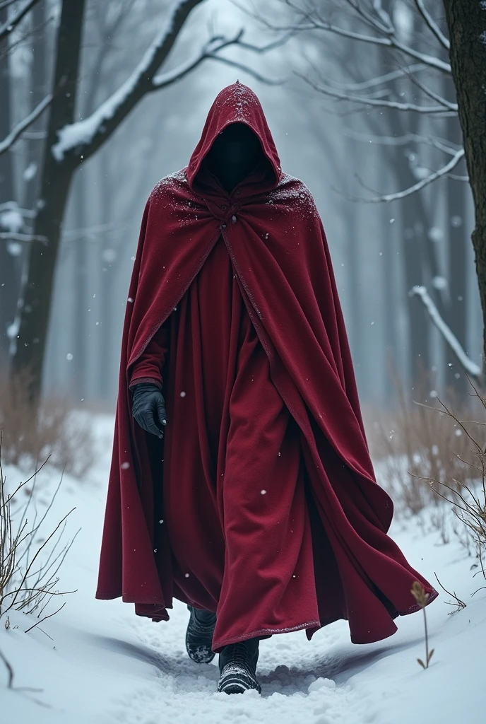 Male wearing log crimson cloak with hood in the winter forest 