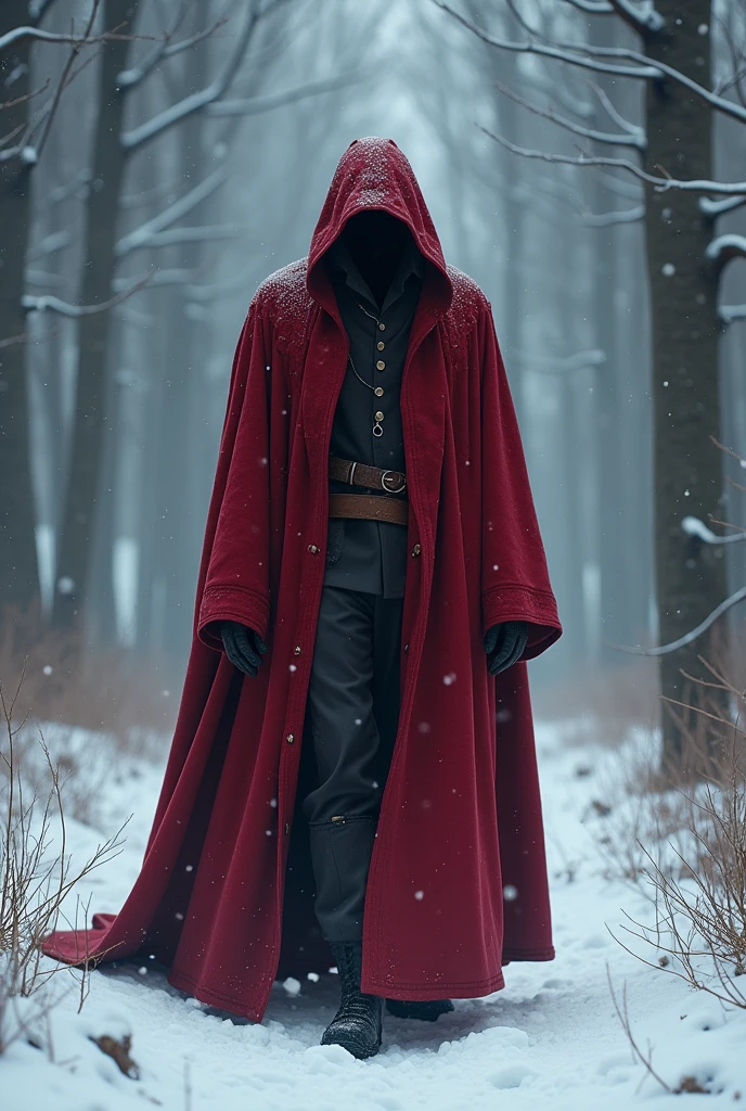 Male wearing log crimson cloak with hood in the winter forest