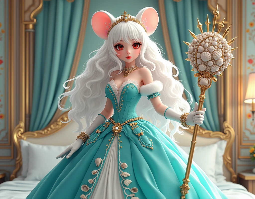 (best quality,4k,8k,highres,masterpiece:1.2), ultra-detailed, Pretty albino girl has a princess of the sea, drawn in 2D anime style, steampunk, wearing a iridescent turquoise princess gown with puffy sleeves, steampunk, gorgeous frilly dress design,flowing gown, elaborate lace details,rich textures,contrast stitching,delicate ribbon bows, seashells embroidery, full skirt with ocean wave pattern,short sleeves,fitted waistline,translucent flowing layered sleeves,lace-up back,luxurious fabrics,flawless silhouette, very long curly white hair and red eyes, white fur, smiling, mouse ears and tail, ribboned high heels, white elbow evening gloves, gold bracelets, tiara made of seashells, beautifully detailed lips with lipstick, long eyelashes, eyeshadow, seashell necklace, in a castle bedroom with intricate decoration and luxurious furniture, flower wallpaper, she is holding a magic staff made of seashells and pearls.