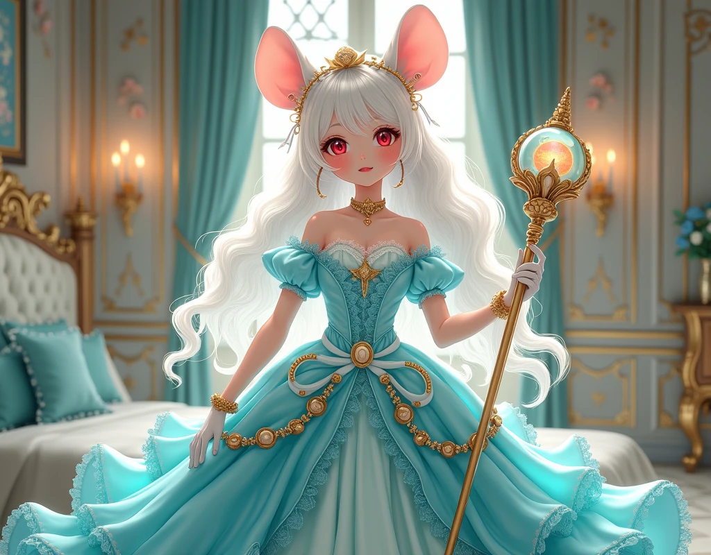 (best quality,4k,8k,highres,masterpiece:1.2), ultra-detailed, Pretty albino girl has a princess of the sea, drawn in 2D anime style, steampunk, wearing a iridescent turquoise princess gown with puffy sleeves, steampunk, gorgeous frilly dress design,flowing gown, elaborate lace details,rich textures,contrast stitching,delicate ribbon bows, seashells embroidery, full skirt with ocean wave pattern,short sleeves,fitted waistline,translucent flowing layered sleeves,lace-up back,luxurious fabrics,flawless silhouette, very long curly white hair and red eyes, white fur, smiling, mouse ears and tail, ribboned high heels, white elbow evening gloves, gold bracelets, tiara made of seashells, beautifully detailed lips with lipstick, long eyelashes, eyeshadow, seashell necklace, in a castle bedroom with intricate decoration and luxurious furniture, flower wallpaper, she is holding a magic staff made of seashells and pearls.