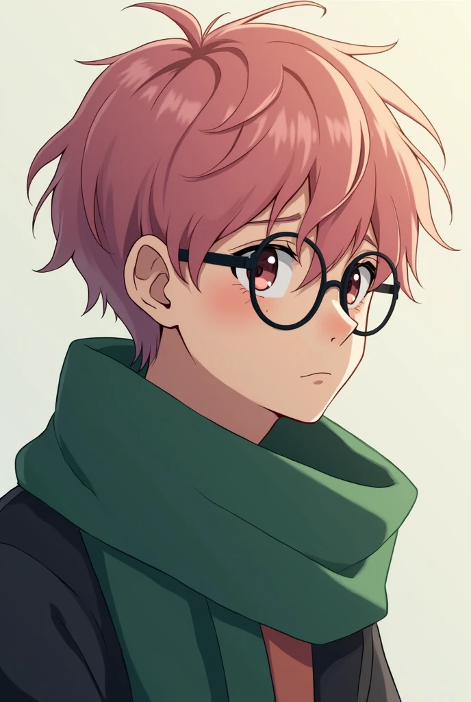 Anime Character design boy 20 years oldwith pink hair and glasses wearing green scarf with sad eyes looking to his right