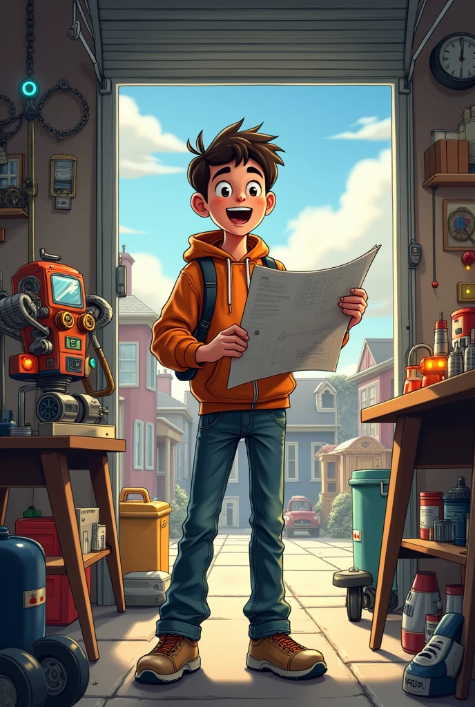 For a picture prompt that captures the essence of Ethan's story, imagine the following scene:

---

**Picture Prompt:**

A young boy, around sixteen, stands proudly in his cluttered garage workshop. He’s surrounded by tools, circuit boards, and various mechanical parts. In the center of the garage, a small, homemade robot with blinking lights and movable parts is on display. The boy, with a look of determination and excitement, is holding a blueprint for a futuristic gadget. In the background, a window shows a glimpse of the small town outside, symbolizing his journey from humble beginnings to achieving his dreams.

---

This image should evoke Ethan's passion for technology, his creative workspace, and his aspiration to make a difference through his inventions.