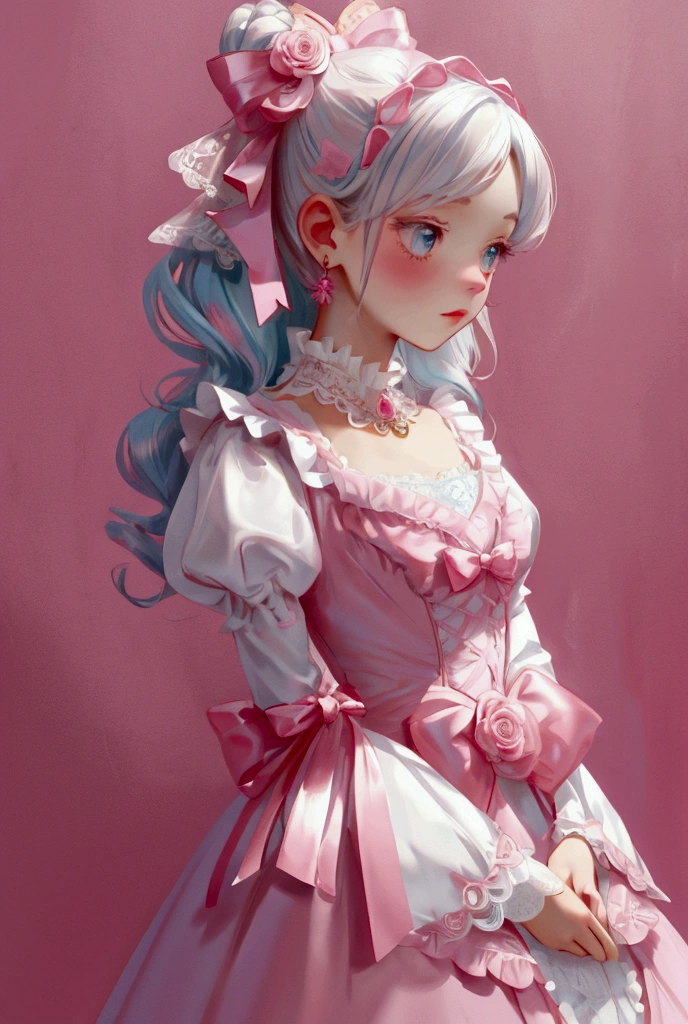 Pink background　Lots of satin bow ribbons　Lots of Pastel Color Roses　White Lace　Satin Frill　A lot of jewelry　Rococo
