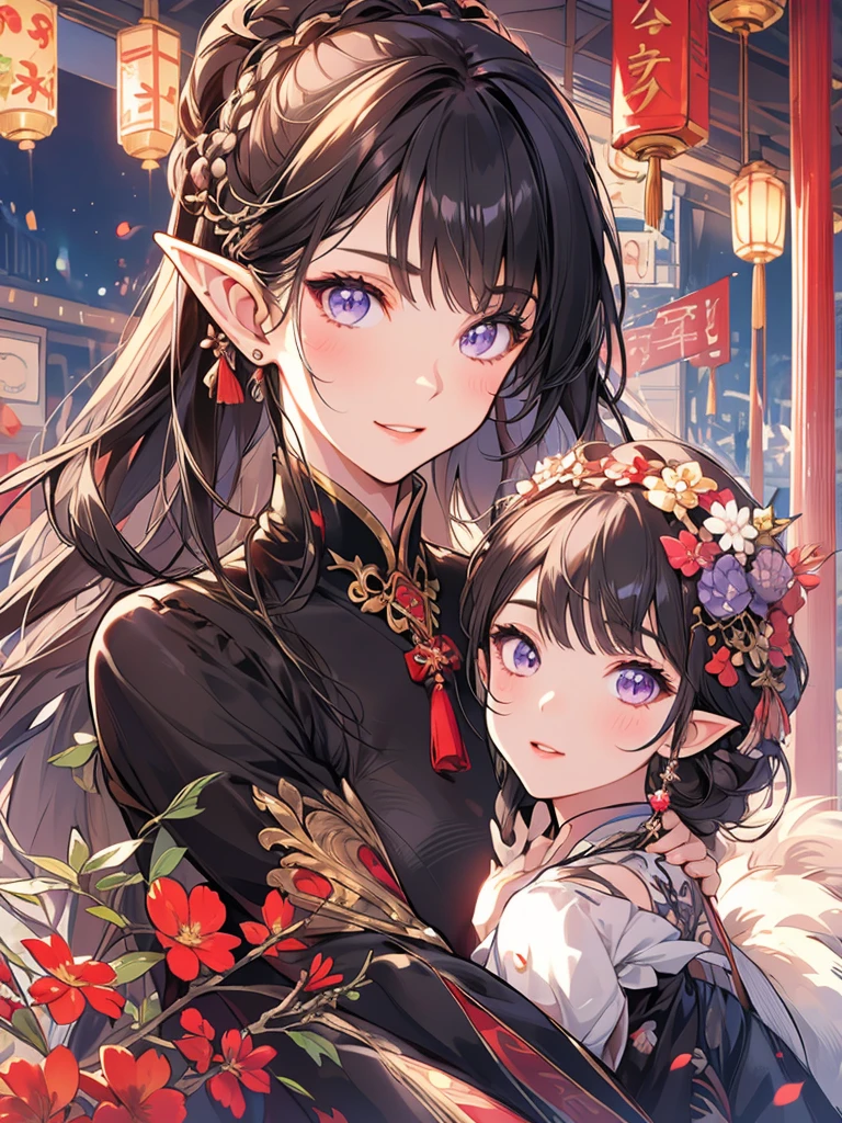 masterpiece, best quality, 1girl, ultra detailed, ultra highres, well-definded facial features, anatomically correct, cute girl, long pointy ears, elf, nice face,black hair, puple eyes,China dress, street, twilight, big folding fan,