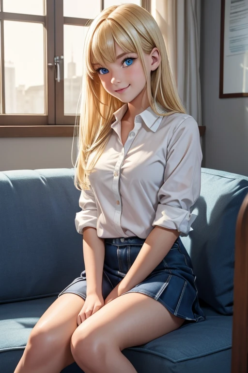 ((1 girl :1,6))，, Dynamic angle, Ultra detailed, illustration, Close-up, straight, Only 1 girl, She has blonde hair,（masterpiece),（Очень подробные обои CG Unity 8K），Best quality，cinematic lighting，detailed background，beautiful detailed eyes，smart students，Blue eyes，（Very good and beautiful），a high resolution，ultra - detailed），flushed complexion，smile，Desire for dissatisfaction，elementary school student，sits with legs apart on the sofa in the children&#39;s room（Short dress with straps and children&#39;s print, pulled up to the chest)）, (Small breasts, beauty, funny, Beautiful, slender body, ) , ((there is no underwear under the sundress:1,7)), children&#39;s panties are pulled down below the knees, shows itself [[delicate fingers and hands:0.55]::0.85],(detailed fingers)))