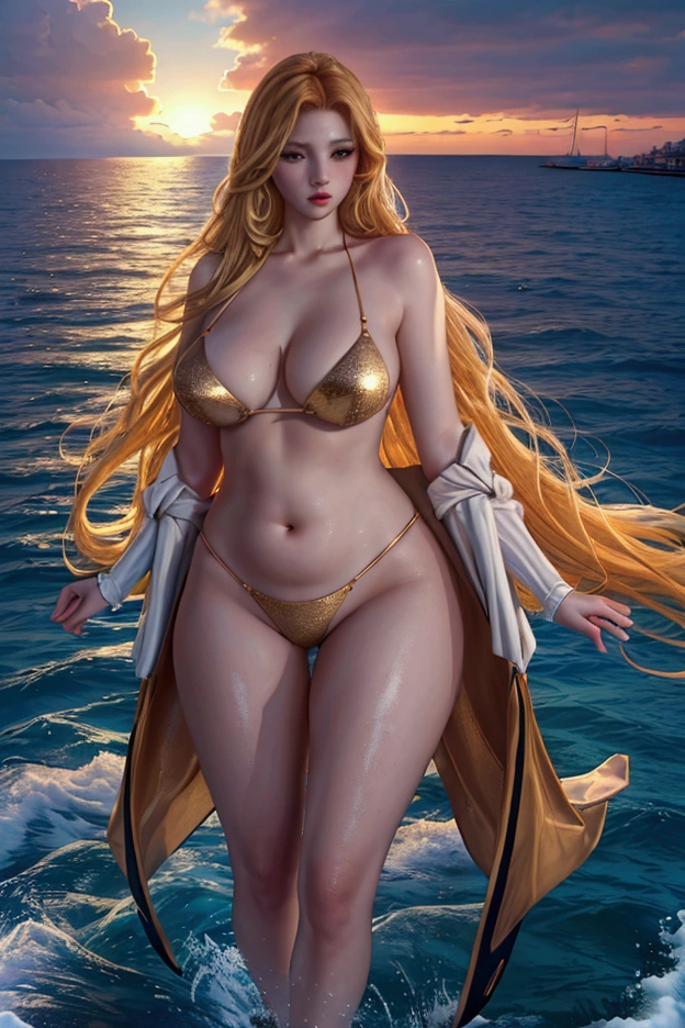 ((masterpiece .High Resolution 8K Wallpapers)) At dusk.The port side of a yacht.1 beautiful woman with good figure.Wearing hot pants on the side of the boat.Her face faces the sunset.The sea breeze blew her golden blonde hair away, making it very dazzling..The whole picture only shows the beauty’s plump figure and beautiful back.