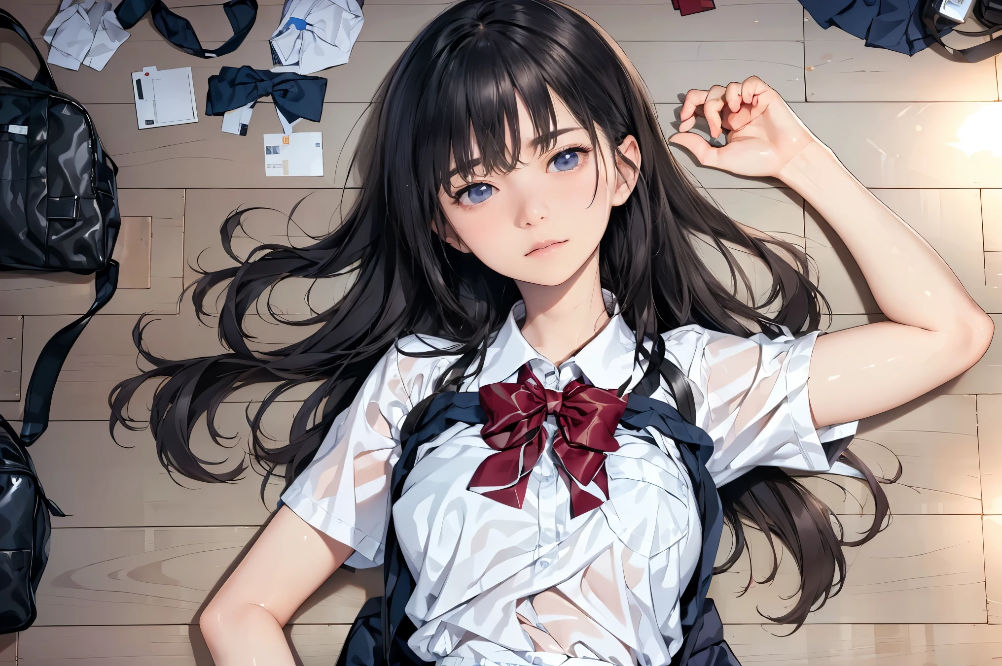 masterpiece, best quality, extremely detailed, (realistic, photo realistic:1.2), high resolution, RAW photo, 8k, Asian girl, 18yo, Super long hair,bangs,Slender、school uniform、Checked mini skirt、Mid-chest、