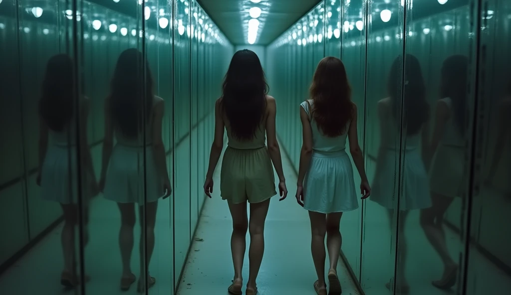 (8k, highest quality), ultra detail, highest quality, ultra-high resolution, professional lighting, photon mapping, radiosity, physically based rendering, cinematic lighting, depth of field, focusing, good composition, 2 women, (full body), fear, scared, tension, horror theme, looking behind, constriction, white skirt, a little bit of dark effect, (mirror maze, The mirrors distort her reflection, creating an eerie atmosphere) hand {fingers} Kawaii {finger} hand.
The scene opens with a young woman entering a mysterious mirror maze. The atmosphere is thick with tension, as the mirrors distort her reflection, creating an eerie and unsettling environment. The instrumental post-alternative soundtrack heightens the anxiety as she navigates through the labyrinth, encountering dead ends and confusing reflections. Her fear is palpable as the mirrors play tricks on her perception, reflecting her insecurities and emotions