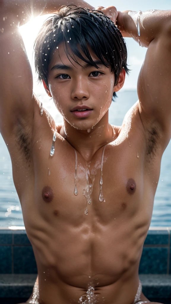 a tanned junior japanese high school boy, showering under the summer sky, extremely dark skinned, detailed face, beautiful eyes, orgasm face, ecstasy, naked, detailed muscles, detailed penis, water droplets, photorealistic, 8k, highly detailed, sun light, high lighting, dazzling, warm color tones, soft shadows, dynamic pose, full body shot