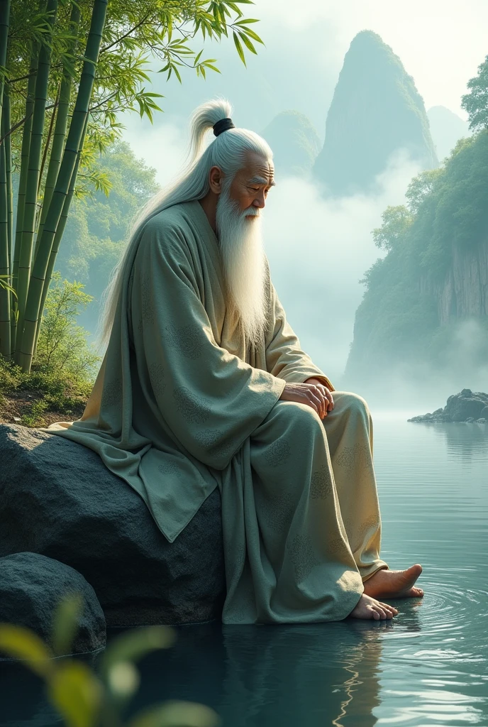 A photorealistic image of an elderly Chinese sage sitting pensively in the midst of a serene natural landscape inspired by ancient China. The sage is dressed in traditional ancient Chinese robes, with long, flowing sleeves and intricate patterns. He is seated on a large rock, surrounded by misty mountains, bamboo groves, and a calm river flowing nearby. His expression is thoughtful and reflective, his long white beard and hair slightly tousled by a gentle breeze. The focus of the image is on the sage, with the natural landscape providing a tranquil backdrop