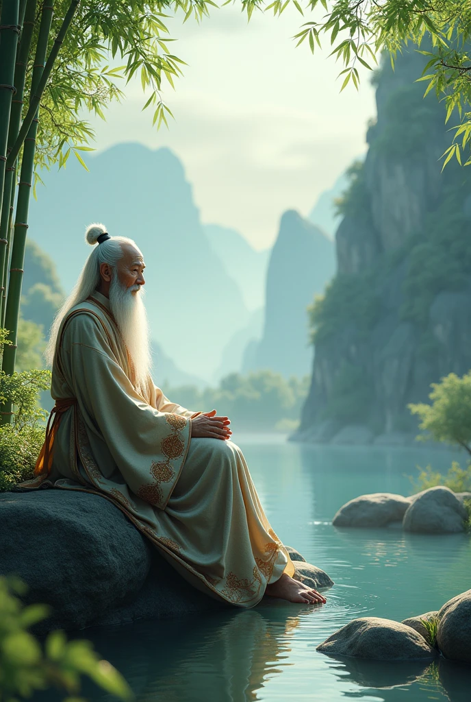 A photorealistic image of an elderly Chinese sage sitting pensively in the midst of a serene natural landscape inspired by ancient China. The sage is dressed in traditional ancient Chinese robes, with long, flowing sleeves and intricate patterns. He is seated on a large rock, surrounded by misty mountains, bamboo groves, and a calm river flowing nearby. His expression is thoughtful and reflective, his long white beard and hair slightly tousled by a gentle breeze. The focus of the image is on the sage, with the natural landscape providing a tranquil backdrop