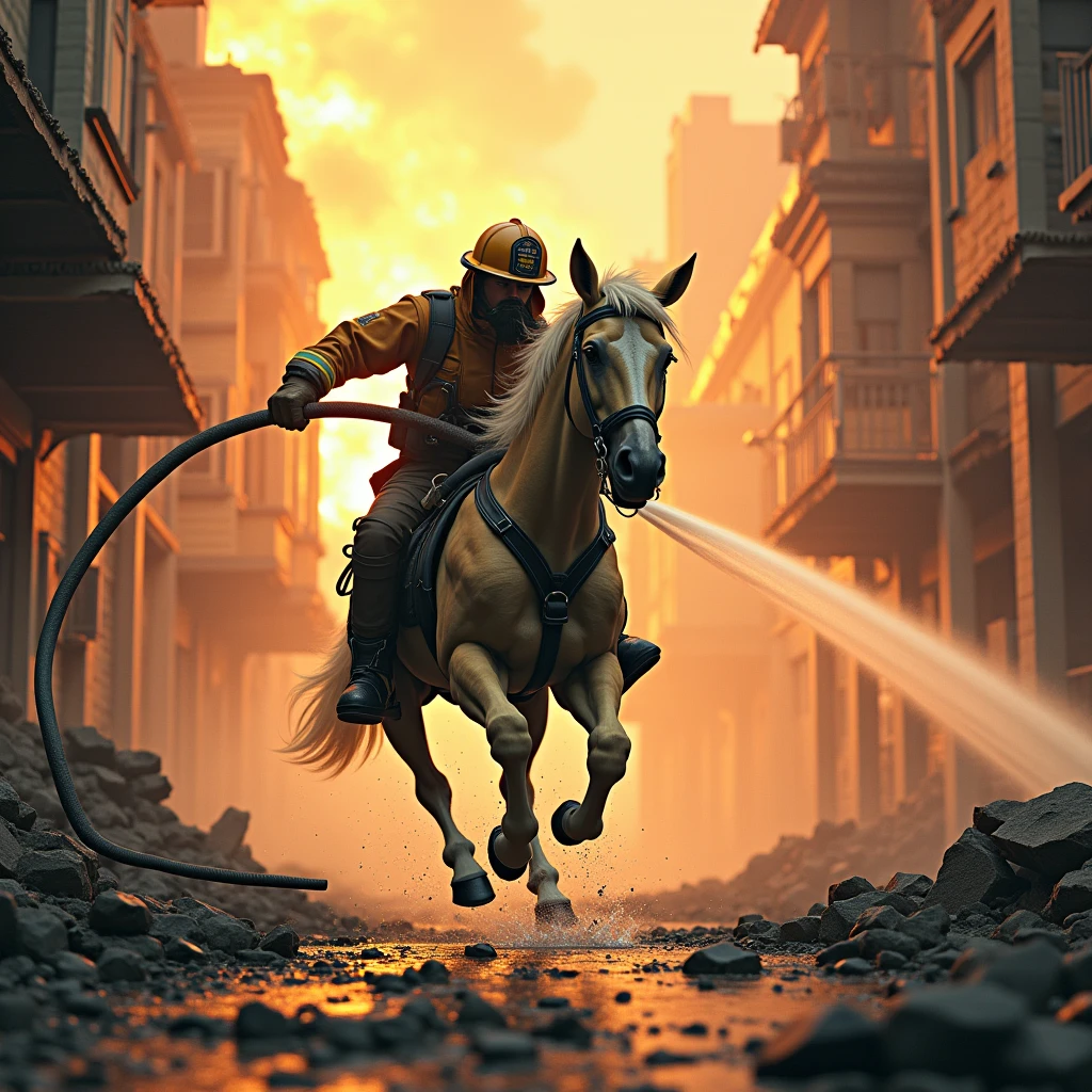 A centaur firefighter putting out a fire in a post-apocalyptic building