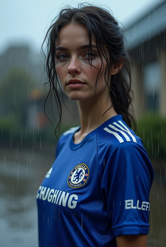 (photorealism:1.2), beautiful woman, wearing Chelsea jersey,naked half ,rain