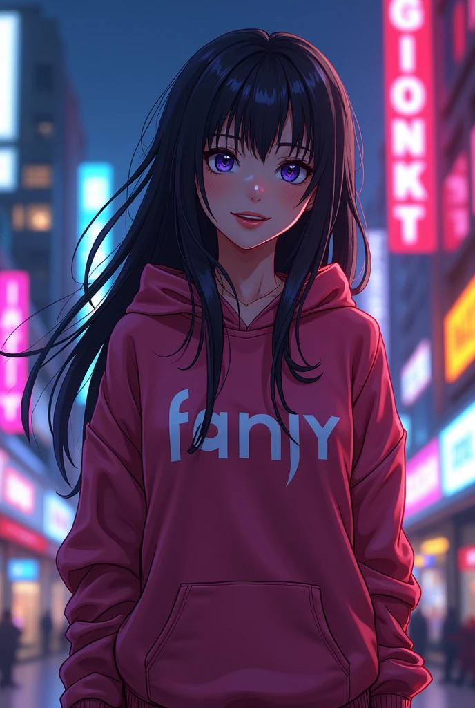 Create a character anime, {background: capital text “GLBK”, night city}, tanned skin,
realistic, HDR, beautiful, japan style, full body, use piastol, age 20, hoodie HD text: “FANY”, female, long hair