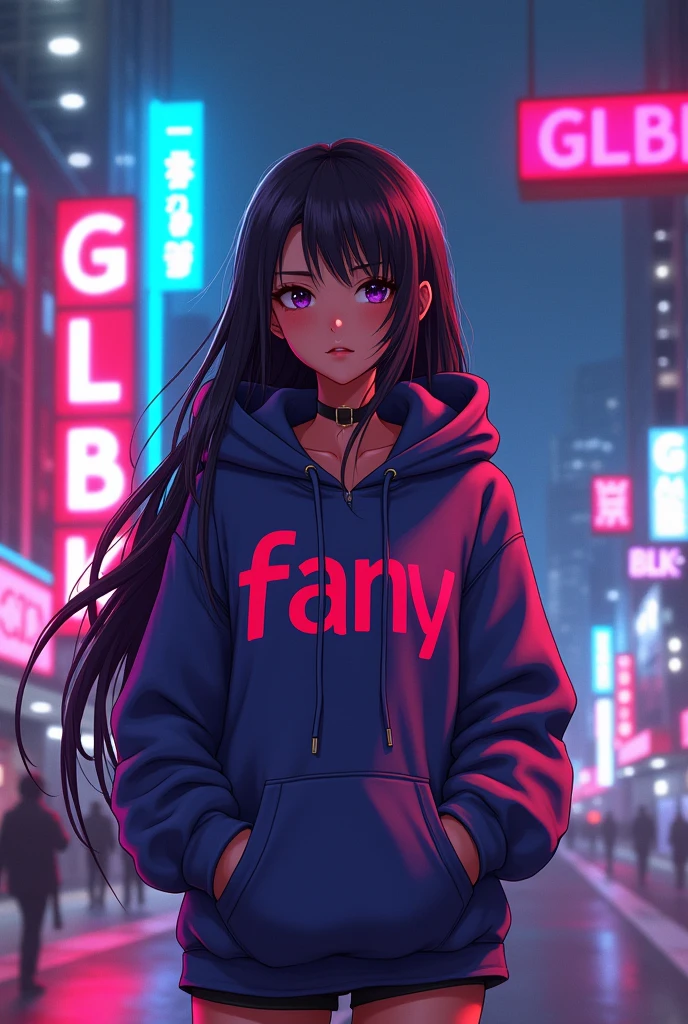Create a character anime, {background: capital text “GLBK”, night city}, tanned skin,
realistic, HDR, beautiful, japan style, full body, use piastol, age 20, hoodie HD text: “FANY”, female, long hair