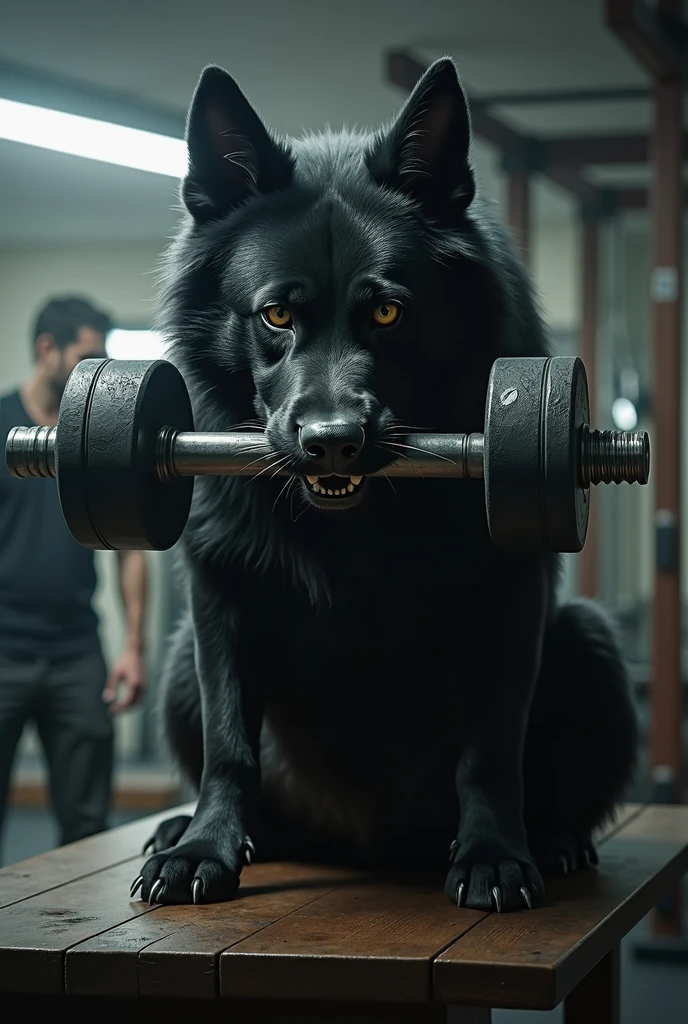 Very dangerous Black dog big hair ,big dumbbell in hand ,sitting on the table in gym , back side another gymer ,