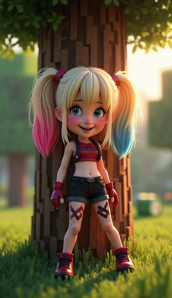 score_9, score_6_up, source_anime, [source_anthro], rating_safe, [rating_explicit],

full body portrait, body focus, front view, best quality, (wide shot), highly detailed face, perfect lighting,   

1girl, solo, Harley Quin, two tone hair, hair with two bangs, happy face, (stand near tree), slit pupils, (a emotional expression on his face), 

(minecraft animals), minecraft detailed world background,
detailed background, detailed foreground, depth of field, ambient silhouette, backlighting