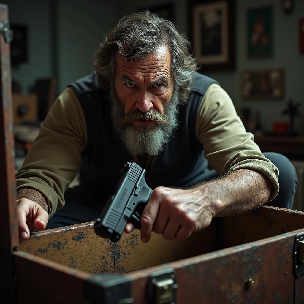 Bearded man picking up a glock that has been stored for a long time in a trunk in his house