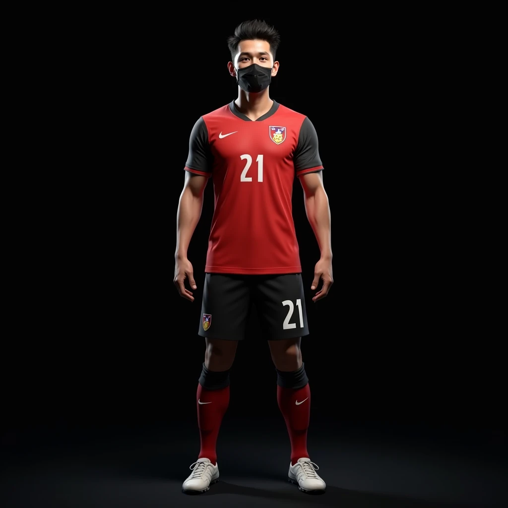 "A 3 male soccer player from Indonesia, standing 180 cm tall and weighing 75 kg. He has well-defined, lean muscles in his arms, body, and legs, without being bulky. He is wearing the Indonesian national team's soccer jersey with the number 21 on the back. His face is covered with a mask, and he has black hair parted to the side. The background is black, and the image should be as realistic as possible with no flaws."