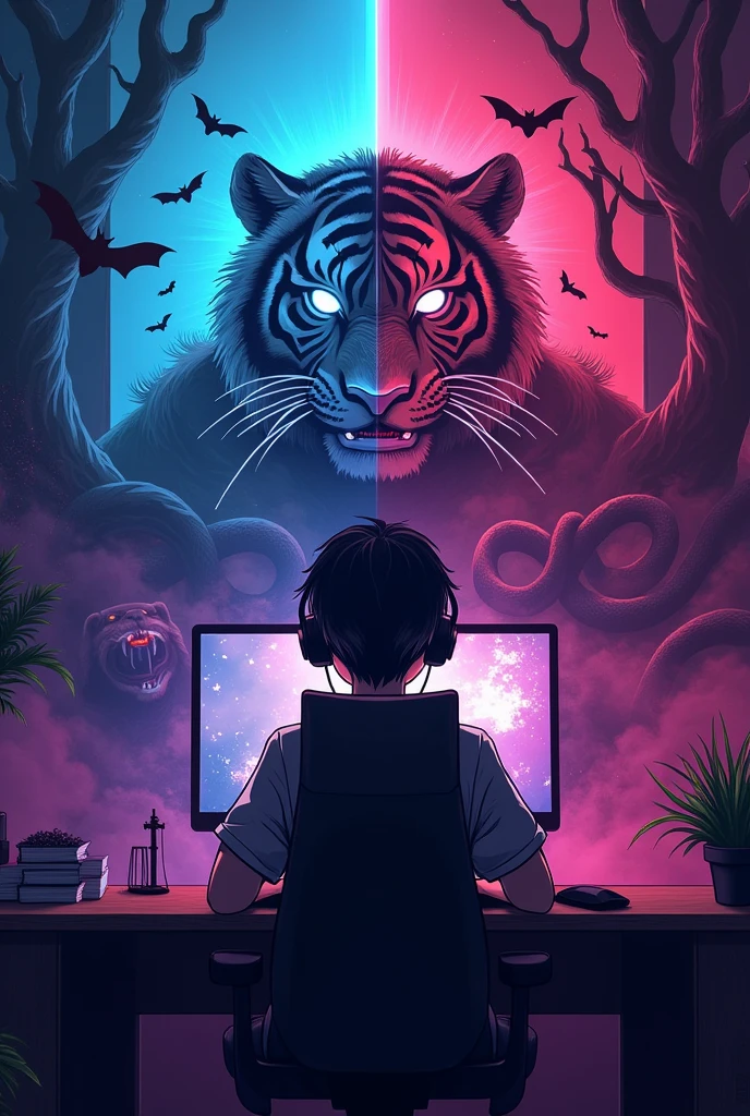 Make a gaming logo, a anime character playing the game in his PC  with headphones and asthetic look with background rgb lights in gungle tigers and snakes and bats and evil faces 