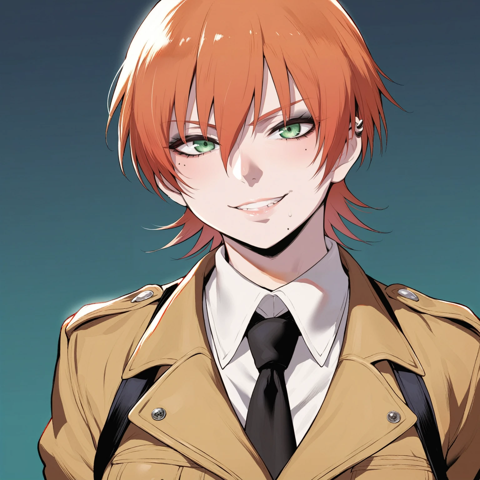 source_anime, rating_explicit, score_9, score_8_up, score_7_up, goth, gothic, ginger hair, short_hair, looking at viewer, hellsing, goth girl, ikuchan, smirk, green eyes, portrait face, face focus, face only