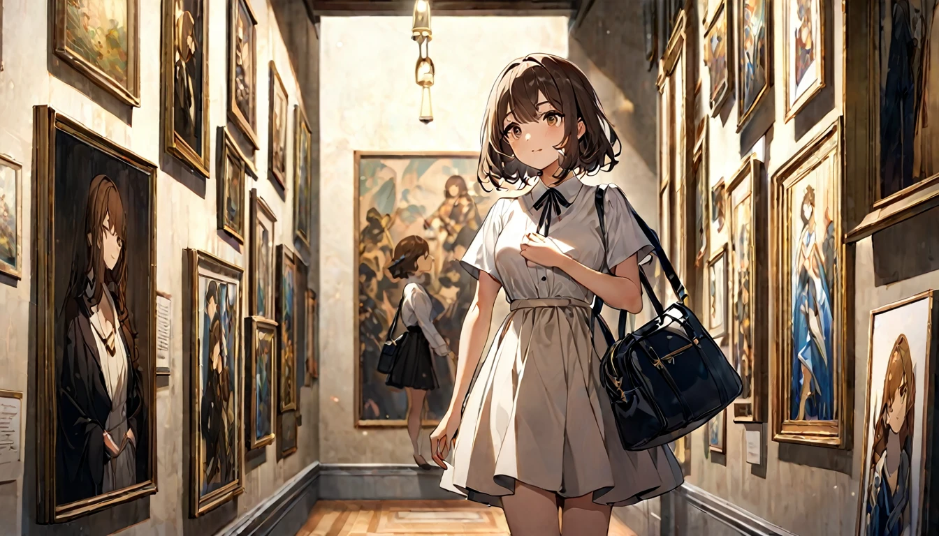 composition：Museum of Art々A 20-year-old brown-haired girl standing in a spacious hall。staring at the paintings on the wall。
expression：心から感動している穏やかなexpression。
Costume：A simple and elegant dress and shoulder bag。
Pause：Place one hand on your chest、Her other hand is lightly holding the hem of her skirt。
scene：In the subdued lighting、A quiet space surrounded by artworks。
