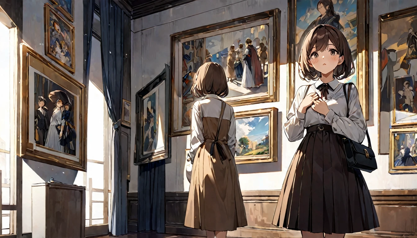 composition:Museum of Art々A 20-year-old brown-haired girl standing in a spacious hall。staring at the paintings on the wall。
expression:心から感動している穏やかなexpression。
Costume:A simple and elegant dress and shoulder bag。
Pause:Place one hand on your chest、Her other hand is lightly holding the hem of her skirt。
scene:In the subdued lighting、A quiet space surrounded by artworks。