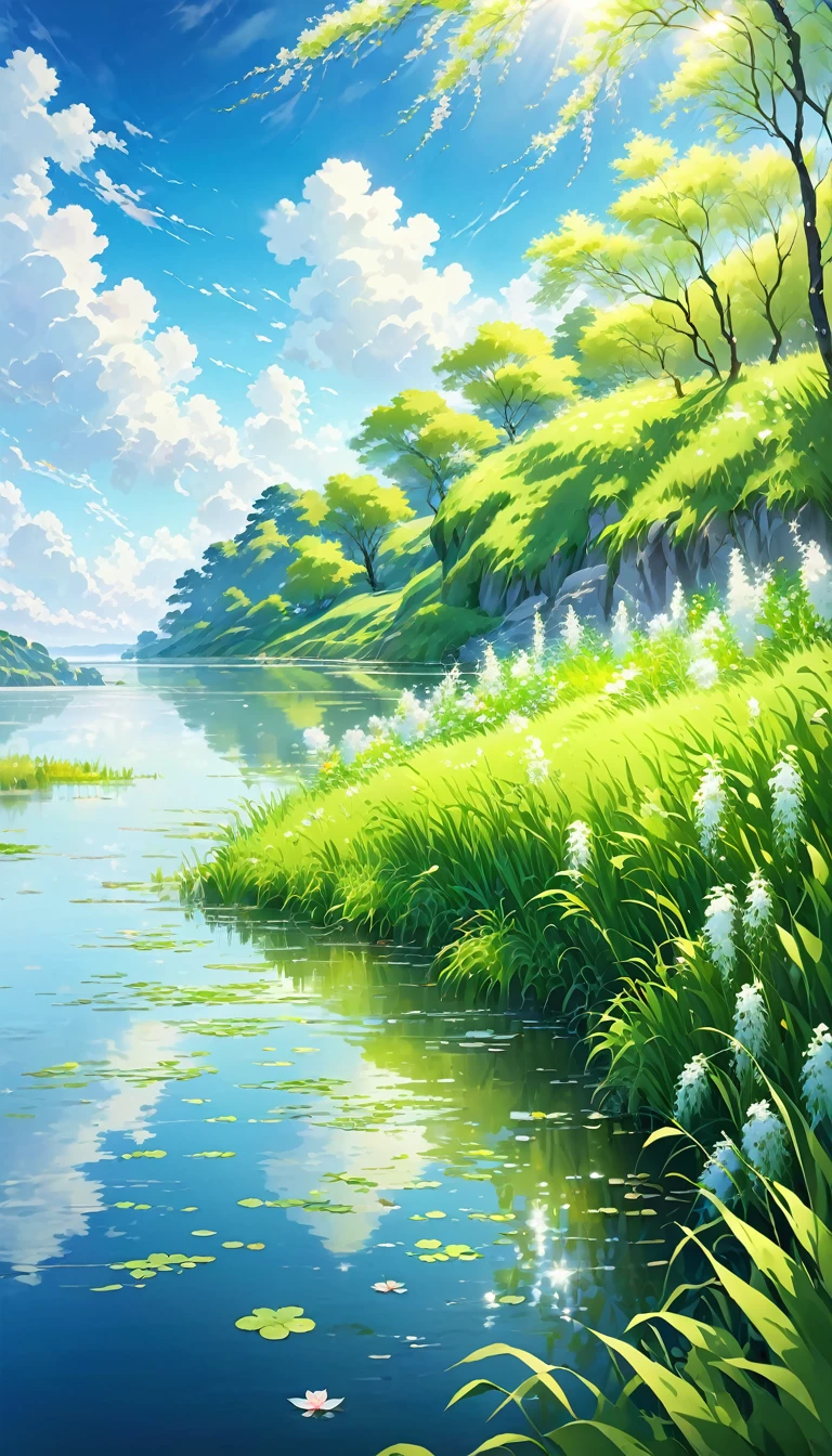 Peaceful lakeside,Green grass,breeze,which has ripples。Weeping willows on the shore,Like a whisper。There is a hill not far away,Lush,The scattered sunlight is like broken gold.。In the blue sky,A few white clouds float leisurely,Soft as a marshmallow。The air is filled with the fresh scent of grass and flowers,Clear your mind,All troubles disappeared。