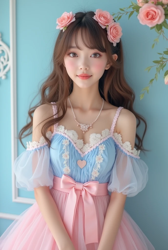 (Highest quality、masterpiece、8k、Best image quality、Hyperrealism、Award-winning works)、1 cute beautiful girl、(alone:1.1)、(1 photo:1.1)、(cute, Girlish, A sheer lolita dress in light pink and light blue:1.2)、(Cute Girlish big ribbon:1.1)、(Cute and luxurious hair accessories:1.1)、(The perfect Lolita dress with attention to detail:1.2)、(A cute dress with frills and ribbons:1.1)、(cute lolita dress with lace decorations:1.1)、(Cute Girlish lolita wavy hair:1.1)、(Low length:1.1)、(height: 140cm:1.1)、(Very large breasts:1.5)、(Glamorous Body:1.5)、(Big cleavage:1.5)、(Pink Roses:1.1)、(cute heart symbol:1.1)、Cute Lots of frills、(Big cute ribbon:1.1)、Accentuate your body lines、Slender body、Standing Elegantly、(Pastel color Girlish and luxurious lolita room background:1.1)、(A fairytale room with attention to detail:1.1)、(cute light blue decorative wall:1.2)、(cute room with a っぽい atmosphere in pastel colors:1.1)、(cute room with very bright and shiny pastel colors:1.4)、(A very bright and shiny room:1.2)、(Lots of pastel colors:1.2)、(very bright and vivid:1.4)、(cute pastel color wall decoration:1.2)、Blurred Background、Standing Elegantly Girl、Accurate anatomy、Perfect Makeup、Long eyelashes、Glossy Lips、Ultra HD glossy skin、(Ultra-high resolution, bright and beautiful skin:1.2)、(Super bright and radiant skin:1.2)、Ultra-high definition glossy lips、Ultra-high resolution beautiful teeth、Light brown and blonde hair、Light brown eyes