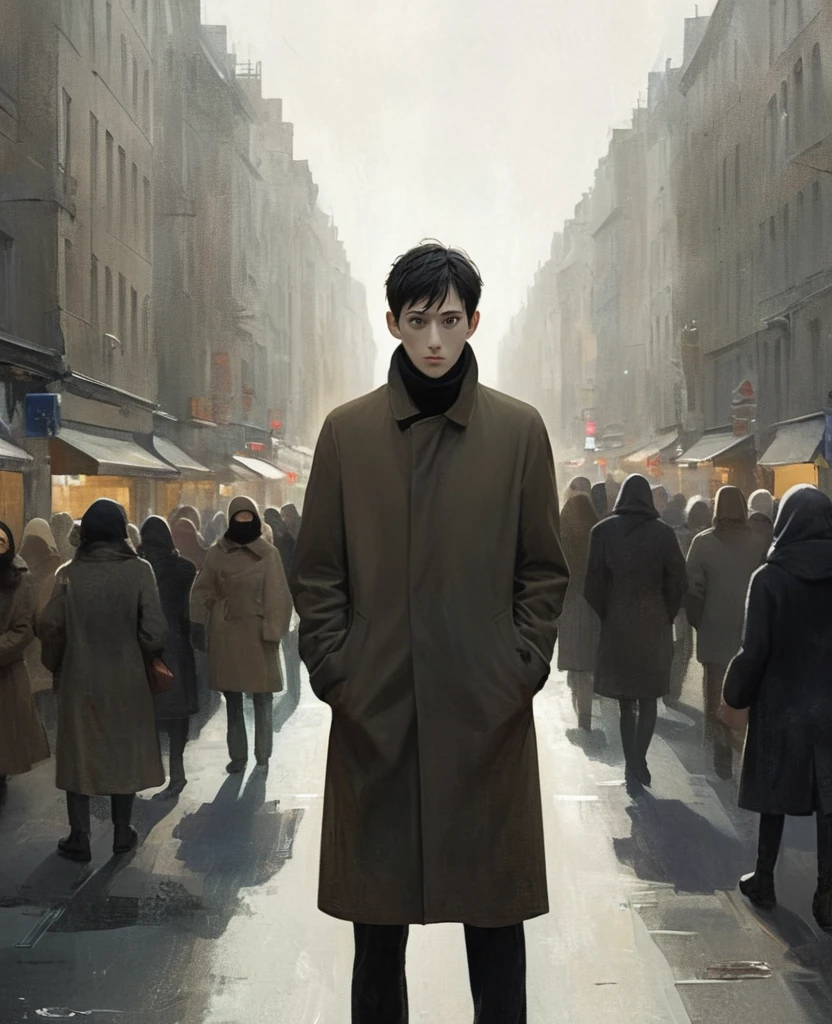 "A solitary figure standing in a crowded street, appearing indifferent but with eyes reflecting inner turmoil."