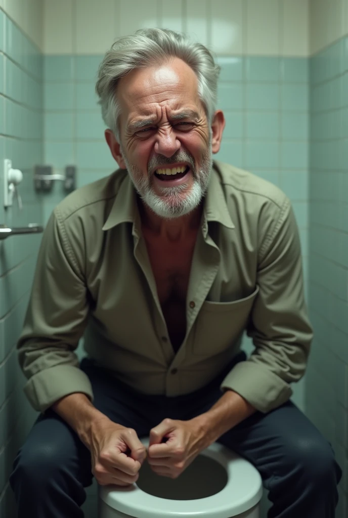 A person sitting on the toilet,After constipation, the expression is particularly uncomfortable and irritable