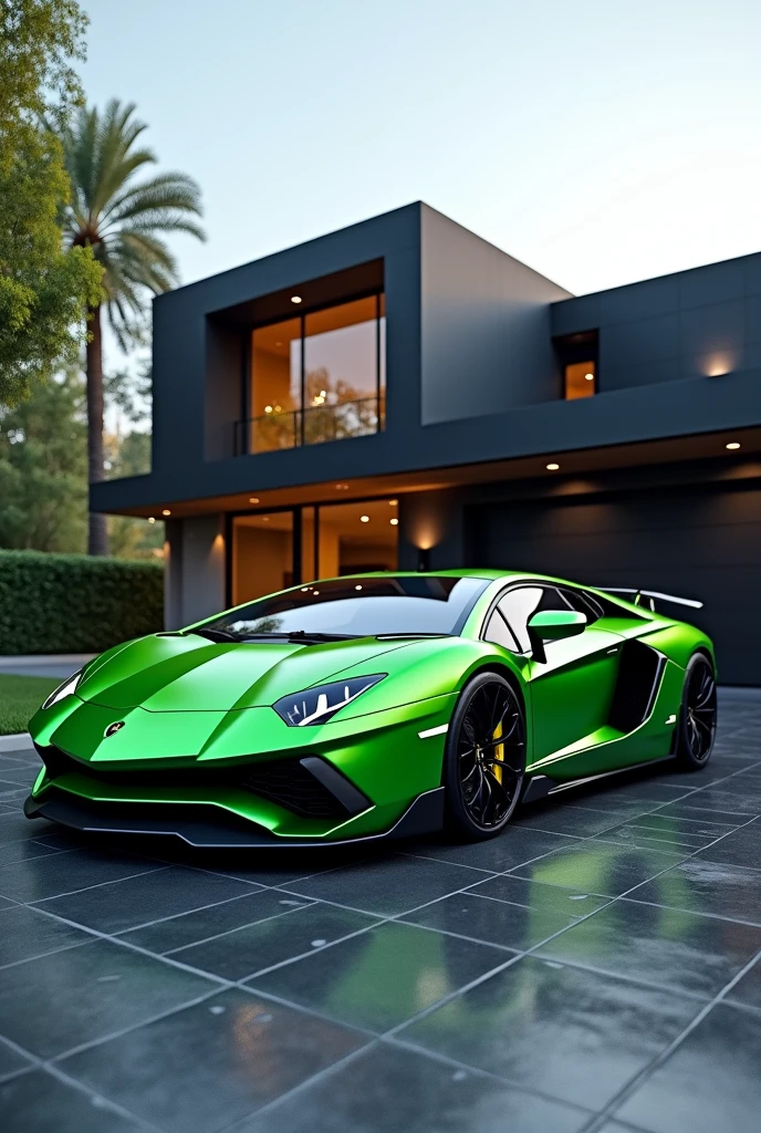 A emarald coloured Lamborghini near a contemporary house with black background