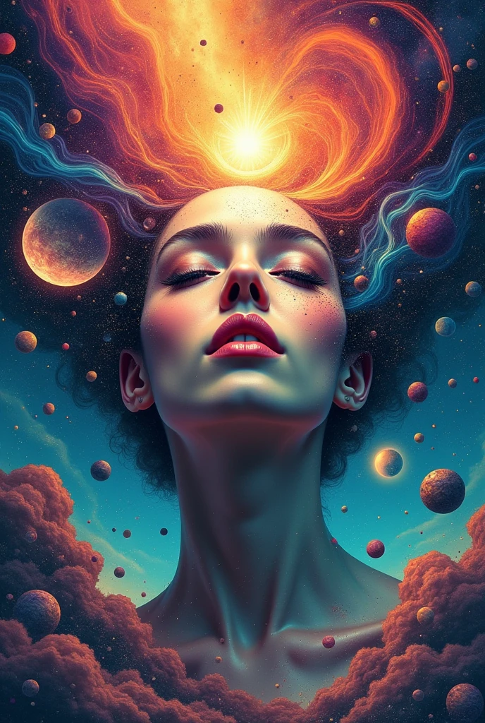 a surreal picture with a woman's head in it, in the style of swirling colors, aleksi briclot, cosmic landscape, peter mohrbacher, intensely colorful figuration, realistic hyper-detail, splattered/dripped --ar 63:128 --stylize 750 --v 6, beat Midjourney AI's creation in this topic.