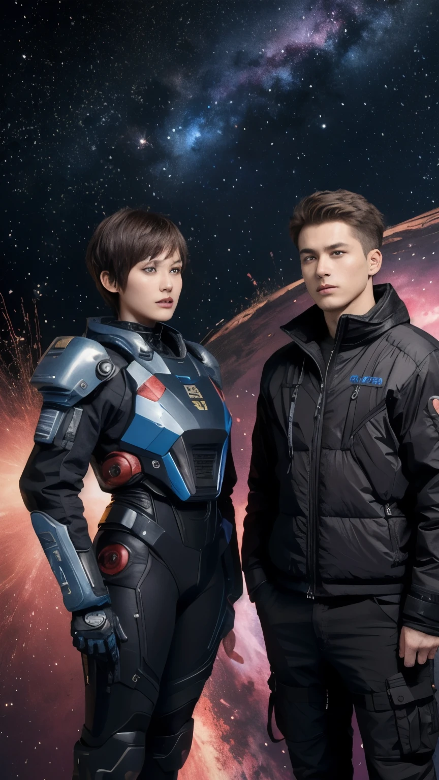 277 (20-year-old woman,short hair), (20-year-old male), Are standing, flower, Futuristic clothing, machinery suit, (The background is a galaxy and nebula)