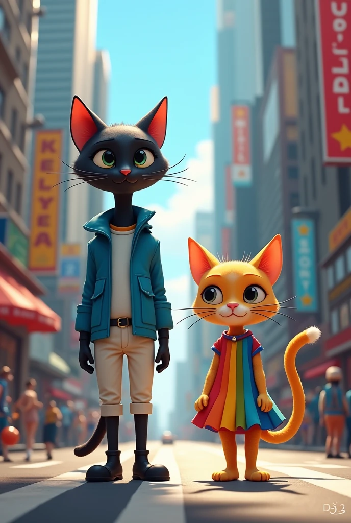Image 1**: A thin black cat and a small, cute rainbow-colored lady cat, both with human-like bodies, standing in a busy city street. The black cat is wearing a blue jacket and white pants, and the lady cat is in a colorful one-piece dress. Both are admiring the tall buildings and bustling surroundings.