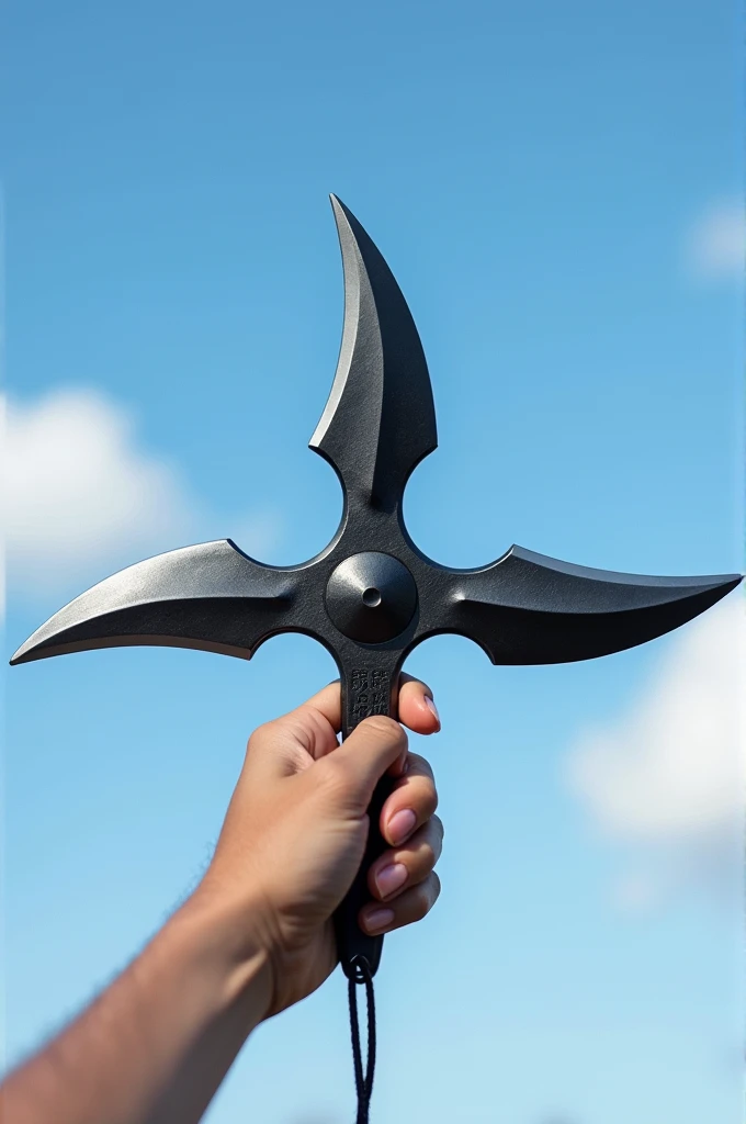 Generate picture of different kinds of black-silver colored shurikens. Background is to be of outside sky.
