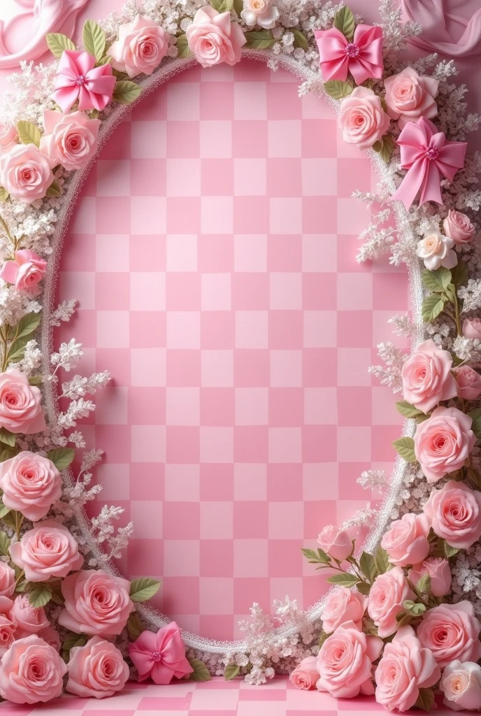 Pink check background　Lots of satin bow ribbons　Lots of Pastel Color Roses　White Lace　Satin Frill　A lot of jewelry　Rococo
アンティーク