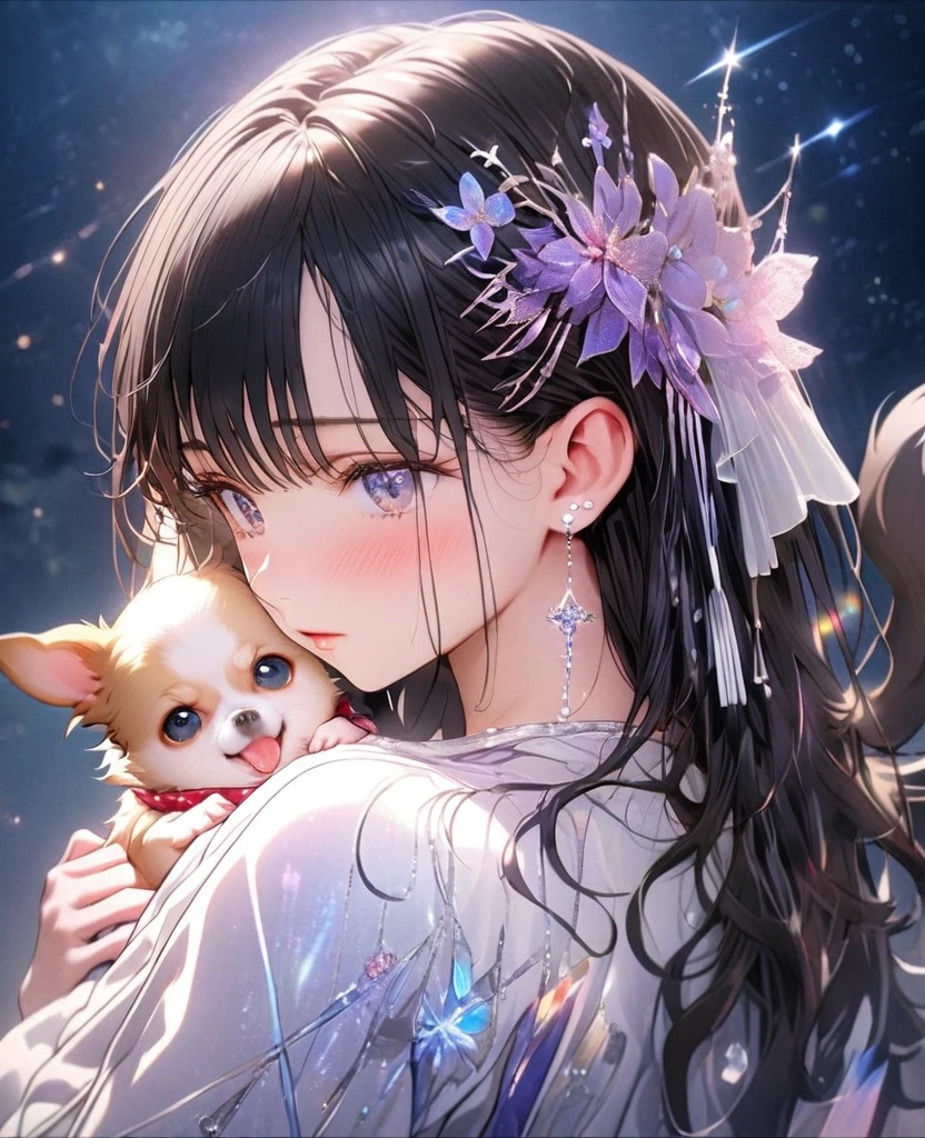 8k,Ephemeral beauty,Very delicate and beautiful,Beautiful and realistic skin,Shiny Hair,Glossy Black Hair、Long and colorful hair,Beautiful Eyes,Beautiful night sky、shy、Hair without hair accessories、small jewel pin、No earrings、No piercing、shy、White clothes、Chihuahua(cream)hug