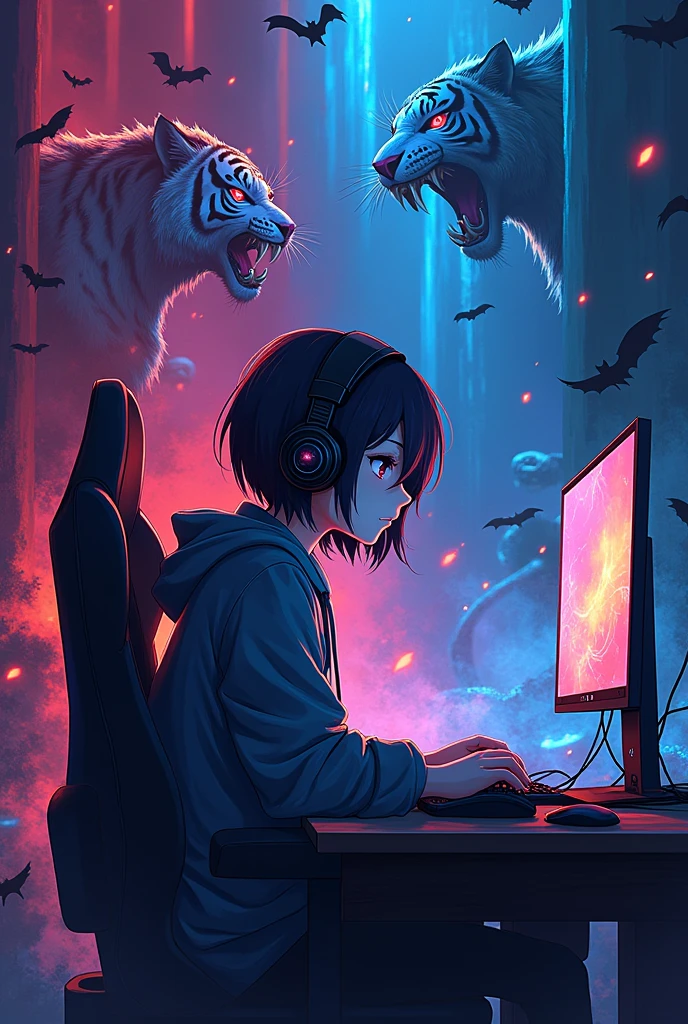 Make a gaming logo, a anime character playing the game in his PC with headphones and asthetic look with background rgb lights in gungle tigers and snakes and bats and evil faces