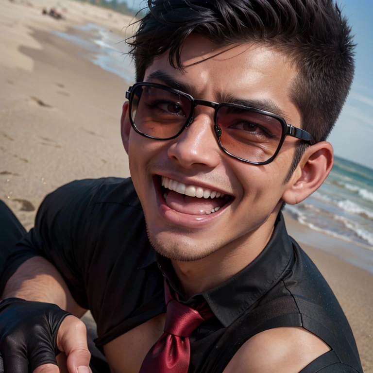 3,One Man,、Handsome。Black Shirt、Red tie、Black gloves、Dhaka - Fighters、Ocean、On the sand ,,logic,Gay ,Very short hair、 ,Asian Face,、 Handsome Black sunglasses Close-up of face Laugh with your mouth wide open