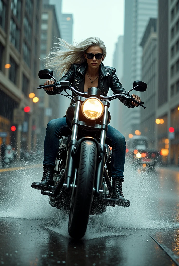 Hard Locker、Heavy Metal、Bad Girl、A tall, beautiful girl with long legs、Riding a big bike、Riding a bike leaning forward、Coming running、Hard braking、The bike is tilted、Rain-soaked road、A large amount of water splashes up、Leather jacket、Light grey tight denim、Hard Leather Boots、Silver Hair、Armament、Dispute、Dark big city street、sunglasses、Tattoo、Side view、Expressing the sense of speed realistically and accurately