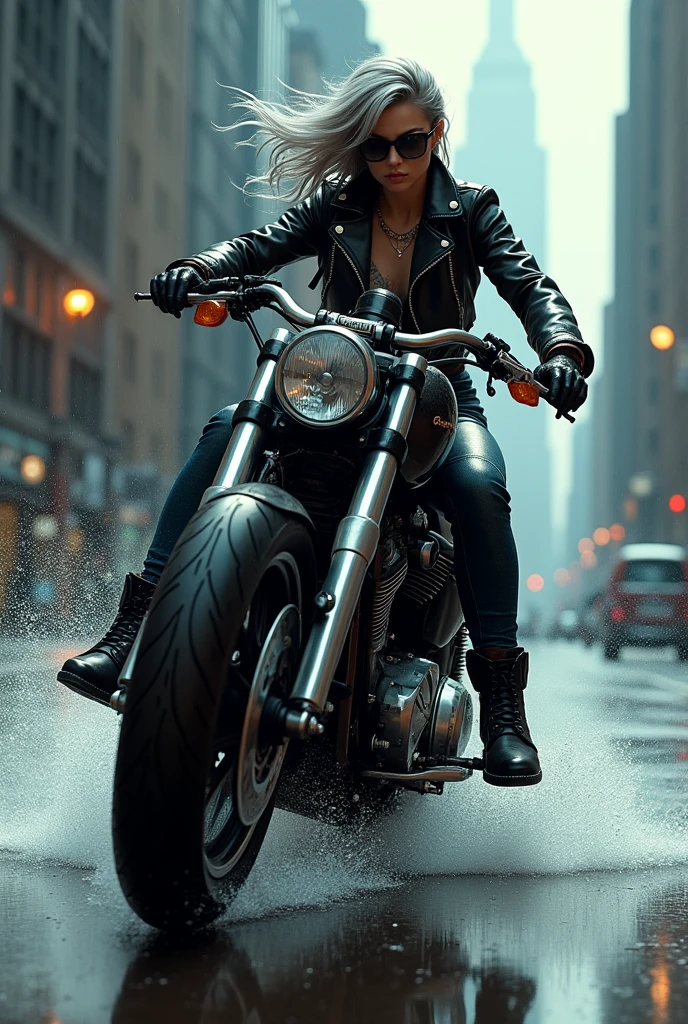 Hard Locker、Heavy Metal、Bad Girl、A tall, beautiful girl with long legs、Riding a big bike、Riding a bike leaning forward、Coming running、Hard braking、The bike is tilted、Rain-soaked road、A large amount of water splashes up、Leather jacket、Light grey tight denim、Hard Leather Boots、Silver Hair、Armament、Dispute、Dark big city street、sunglasses、Tattoo、Side view、Expressing the sense of speed realistically and accurately