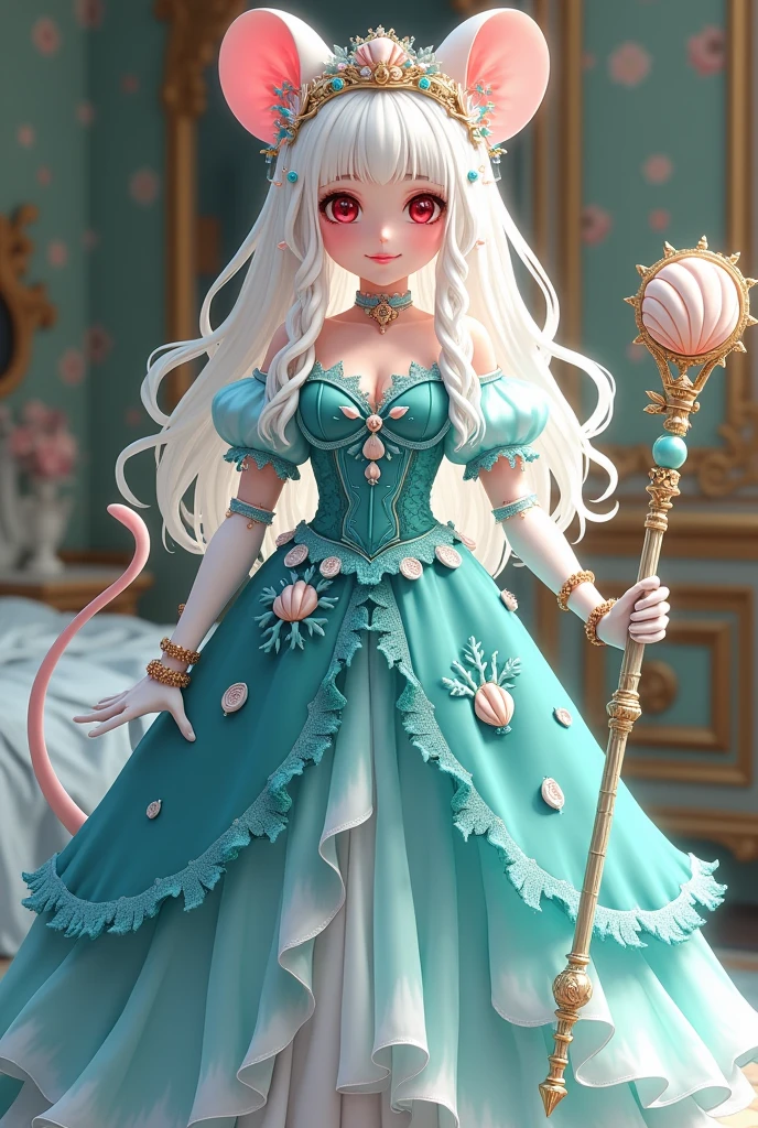 (best quality,4k,8k,highres,masterpiece:1.2), ultra-detailed, Pretty albino girl has a princess of the sea, drawn in 2D anime style, steampunk, wearing a iridescent turquoise princess gown with puffy sleeves, steampunk, gorgeous frilly dress design,flowing gown, elaborate lace details,rich textures,contrast stitching,delicate ribbon bows, seashells embroidery, full skirt with ocean wave pattern,short sleeves,fitted waistline,translucent flowing layered sleeves,lace-up back,luxurious fabrics,flawless silhouette, very long curly white hair and red eyes, white fur, smiling, mouse ears and tail, ribboned high heels, white elbow evening gloves, gold bracelets, tiara made of seashells, beautifully detailed lips with lipstick, long eyelashes, eyeshadow, seashell necklace, in a castle bedroom with intricate decoration and luxurious furniture, flower wallpaper, she is holding a magic staff made of seashells and pearls.