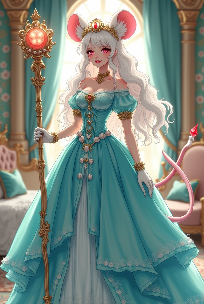 (best quality,4k,8k,highres,masterpiece:1.2), ultra-detailed, Pretty albino girl has a princess of the sea, drawn in 2D anime style, steampunk, wearing a iridescent turquoise princess gown with puffy sleeves, steampunk, gorgeous frilly dress design,flowing gown, elaborate lace details,rich textures,contrast stitching,delicate ribbon bows, seashells embroidery, full skirt with ocean wave pattern,short sleeves,fitted waistline,translucent flowing layered sleeves,lace-up back,luxurious fabrics,flawless silhouette, very long curly white hair and red eyes, white fur, smiling, mouse ears and tail, ribboned high heels, white elbow evening gloves, gold bracelets, tiara made of seashells, beautifully detailed lips with lipstick, long eyelashes, eyeshadow, seashell necklace, in a castle bedroom with intricate decoration and luxurious furniture, flower wallpaper, she is holding a magic staff made of seashells and pearls.