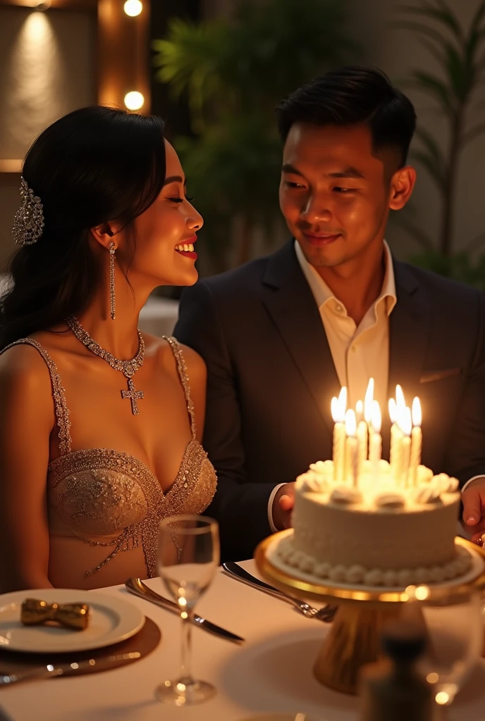 dinner celebrating the 49th birthday of an Indonesian woman and a man,  In front of them was a birthday cake with candles numbering 49.. They are both dressed in luxury. The woman wears a diamond necklace with a cross on the end.. The man holds a birthday present to be given to the woman.. Photo realistic image quality. UHD image.