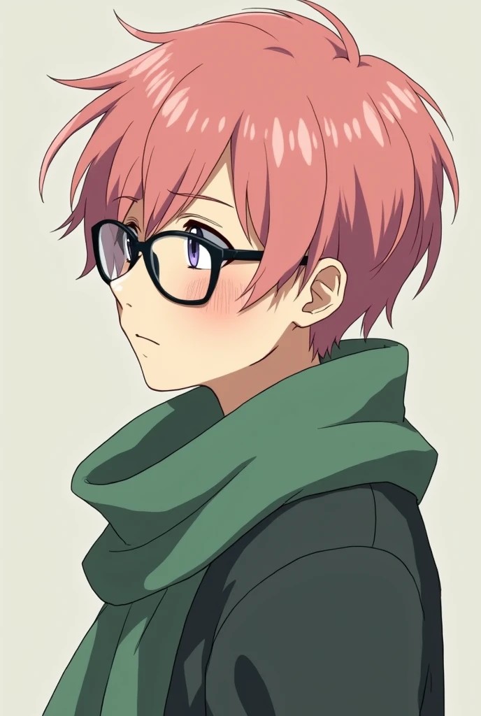 Anime Character design boy 20 years oldwith pink hair and glasses wearing green scarf with sad eyes looking to his left without having a cute face