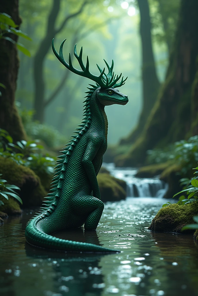 Shiny black scaled reptilian,  wearing an emerald crown shaped like a deer&#39;s antler,  walks along a crystal clear stream in the deep forest,  at the end there is the entrance to a cave