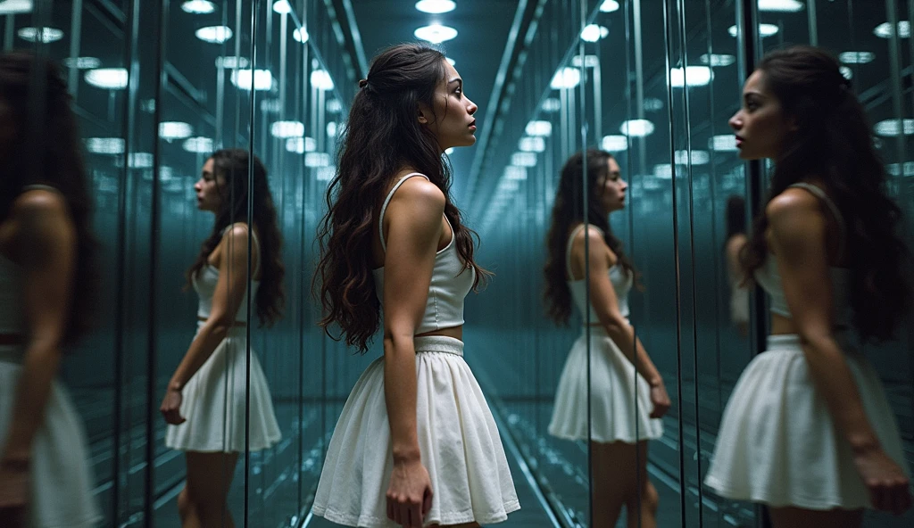 (8k, highest quality), ultra detail, highest quality, ultra-high resolution, professional lighting, photon mapping, radiosity, physically based rendering, cinematic lighting, depth of field, focusing, good composition, 2 women, (full body), fear, scared, tension, horror theme, looking behind, constriction, white skirt, a little bit of dark effect, (mirror maze, The mirrors distort her reflection, creating an eerie atmosphere) hand {fingers} Kawaii {finger} hand.
The scene opens with a young woman entering a mysterious mirror maze. The atmosphere is thick with tension, as the mirrors distort her reflection, creating an eerie and unsettling environment. The instrumental post-alternative soundtrack heightens the anxiety as she navigates through the labyrinth, encountering dead ends and confusing reflections. Her fear is palpable as the mirrors play tricks on her perception, reflecting her insecurities and emotions